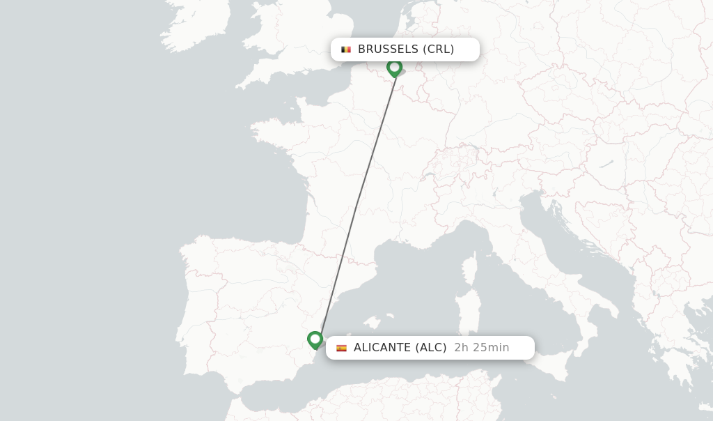 Flights from Brussels to Alicante route map
