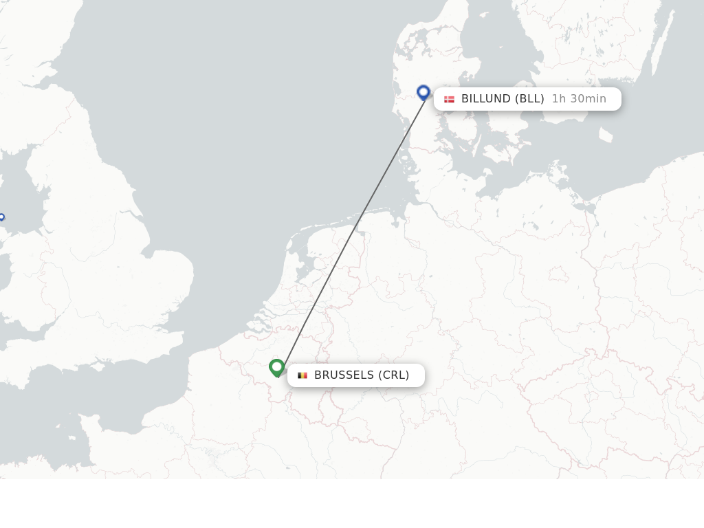 Flights from Brussels to Billund route map