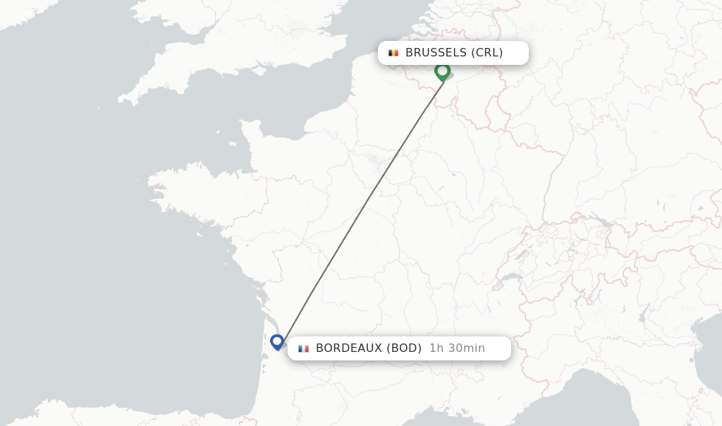 Flights from Brussels to Bordeaux route map