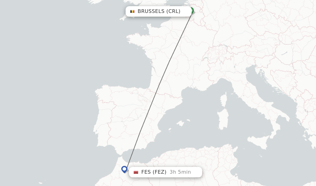 Flights from Brussels to Fes route map