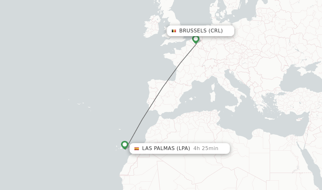 Flights from Brussels to Las Palmas route map