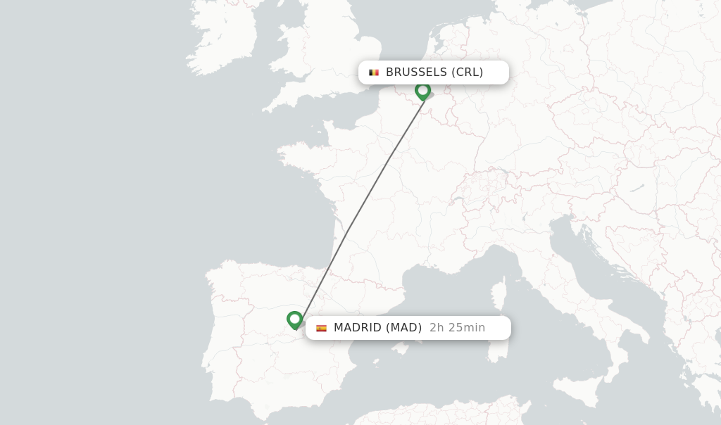 Flights from Brussels to Madrid route map