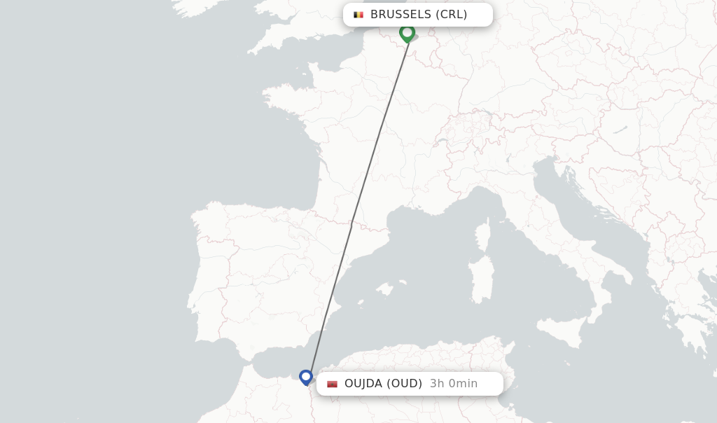 Flights from Brussels to Oujda route map