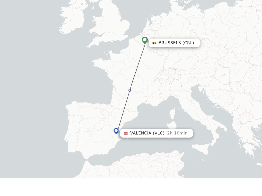 Flights from Brussels to Valencia route map