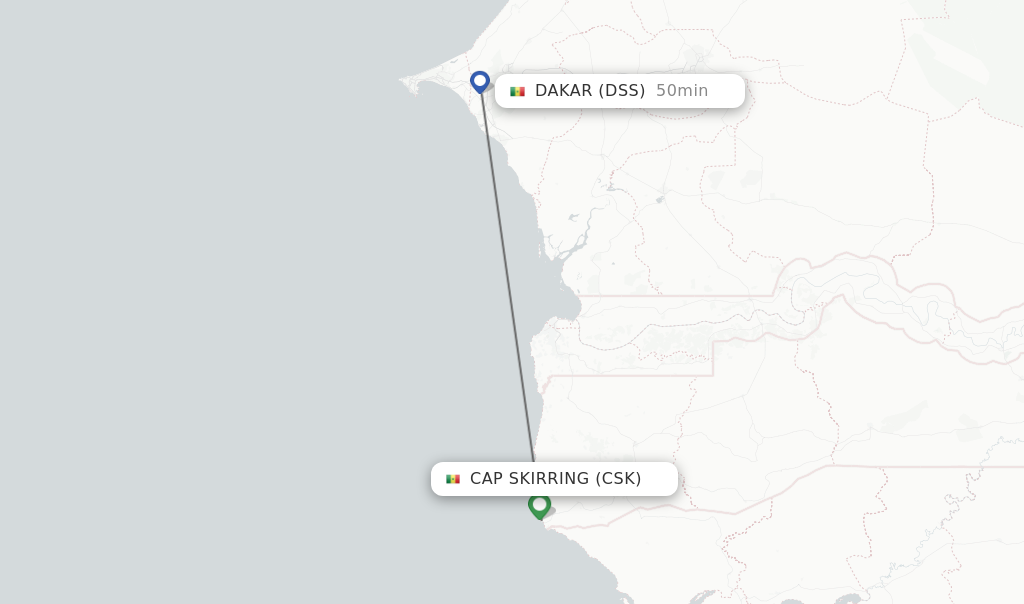 Flights from Cap Skirring to Dakar route map