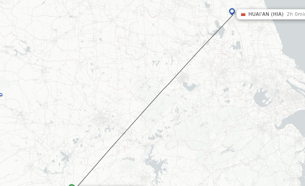 Flights from Changsha to Huai'an route map
