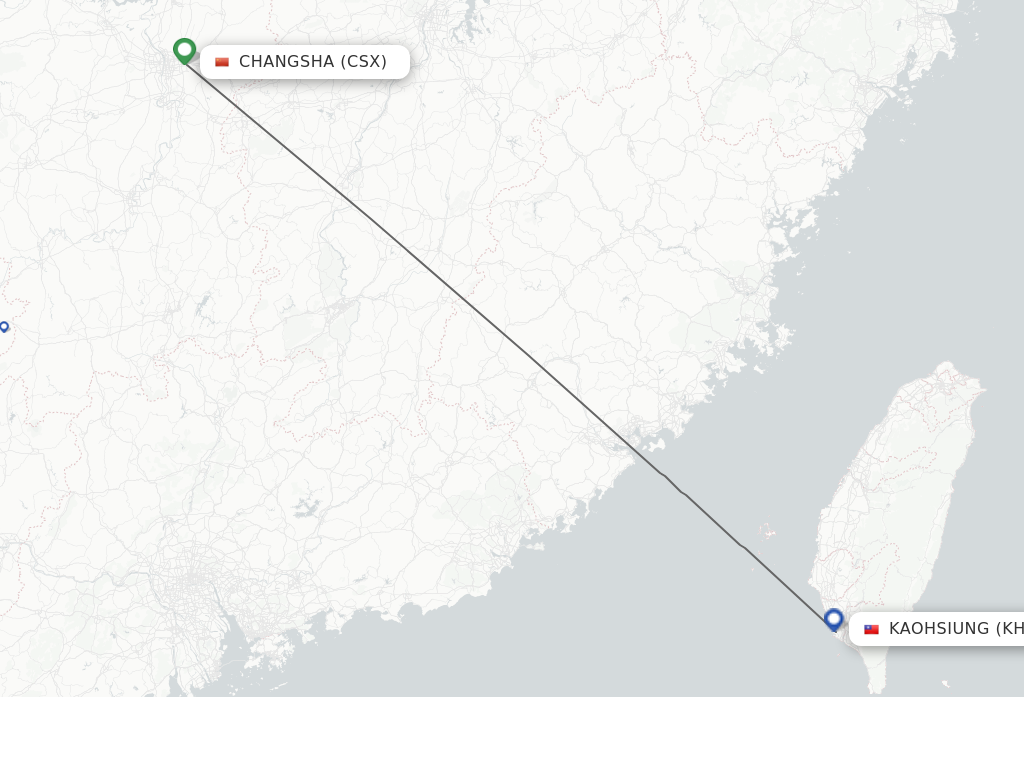 Flights from Changsha to Kaohsiung route map