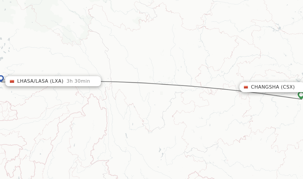 Flights from Changsha to Lhasa/Lasa route map