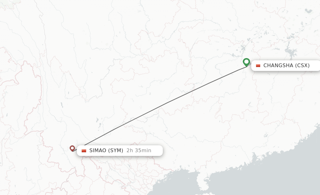 Flights from Changsha to Pu'er route map