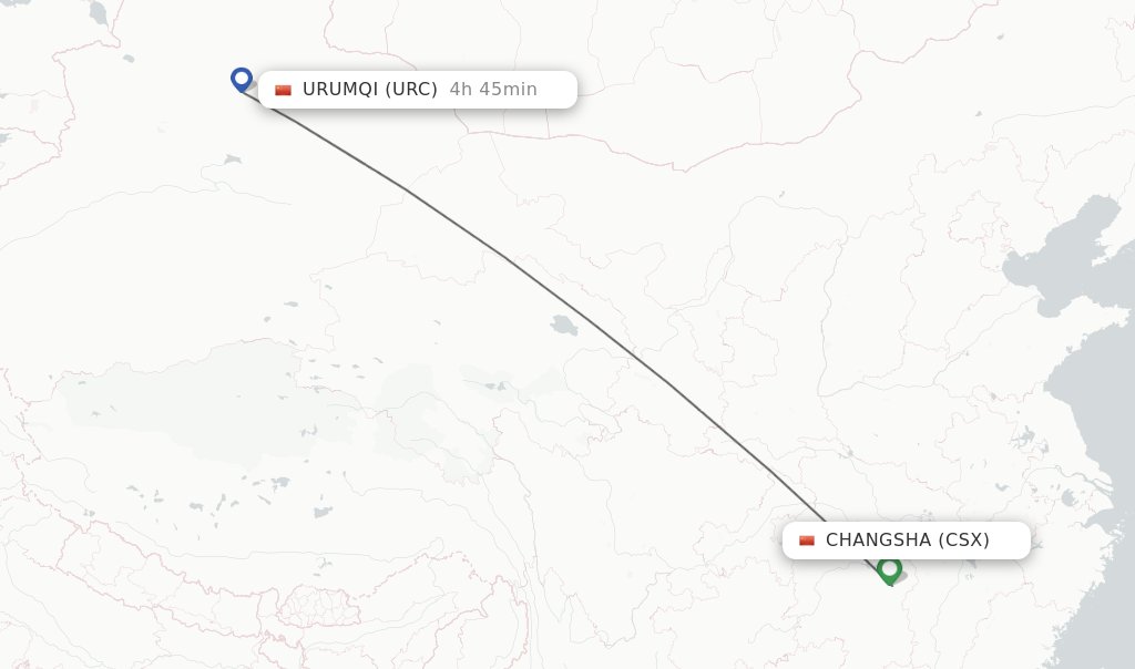 Flights from Changsha to Urumqi route map