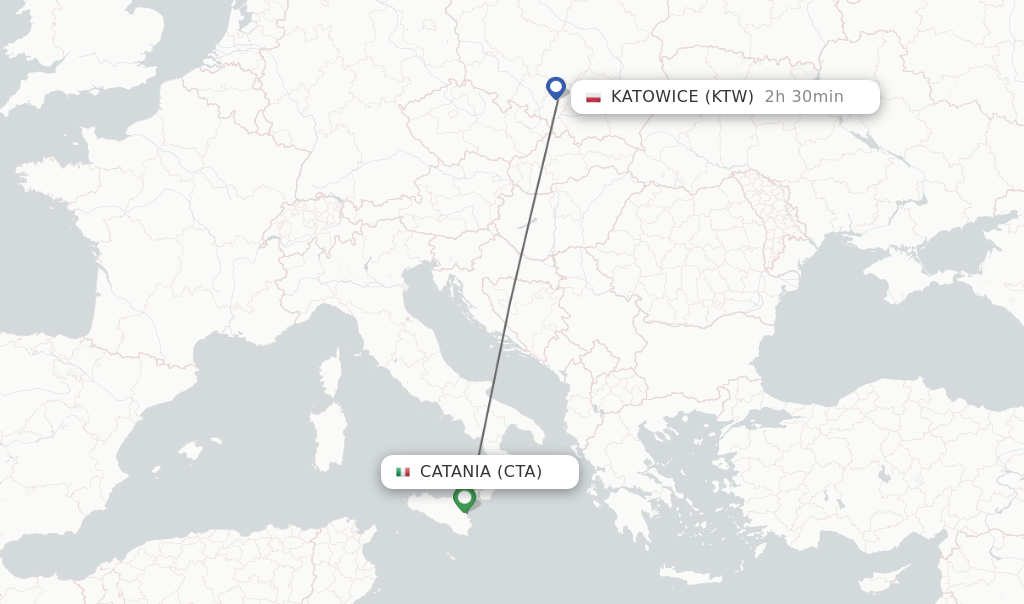 Flights from Catania to Katowice route map