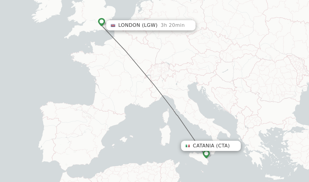 Flights from Catania to London route map
