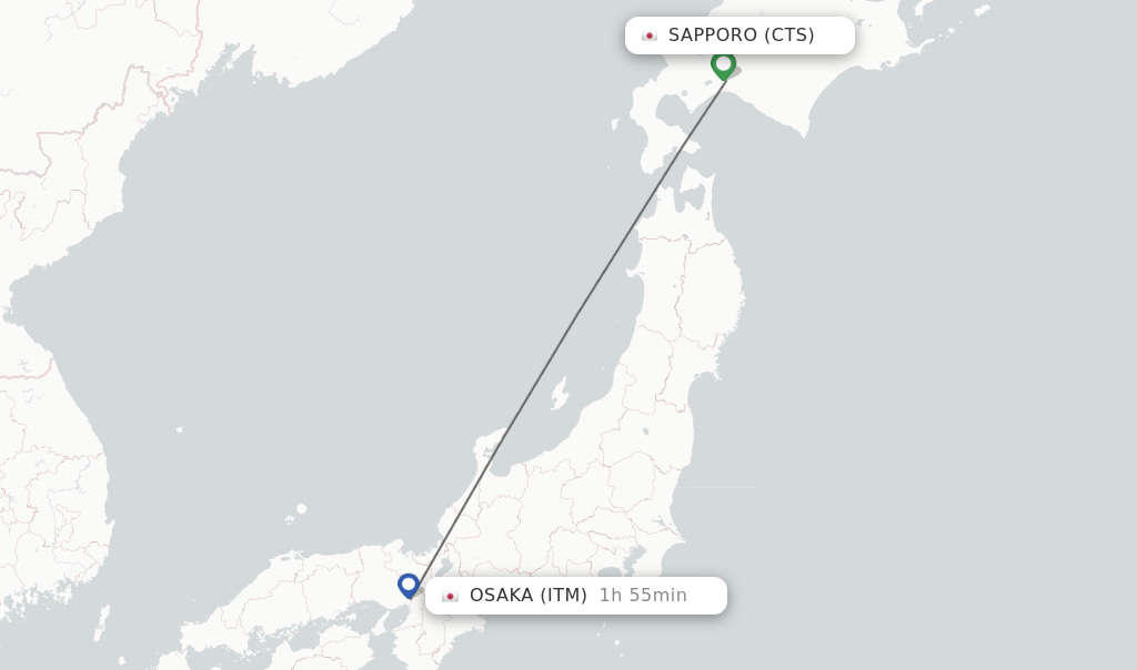 Flights from Sapporo to Osaka route map