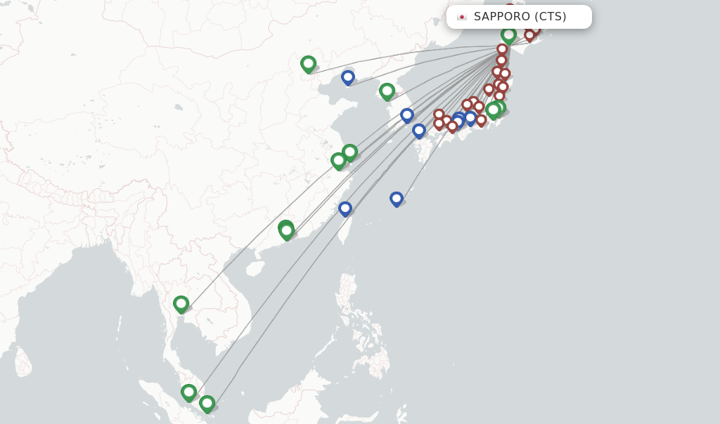 Flights from Sapporo to Tianjin route map