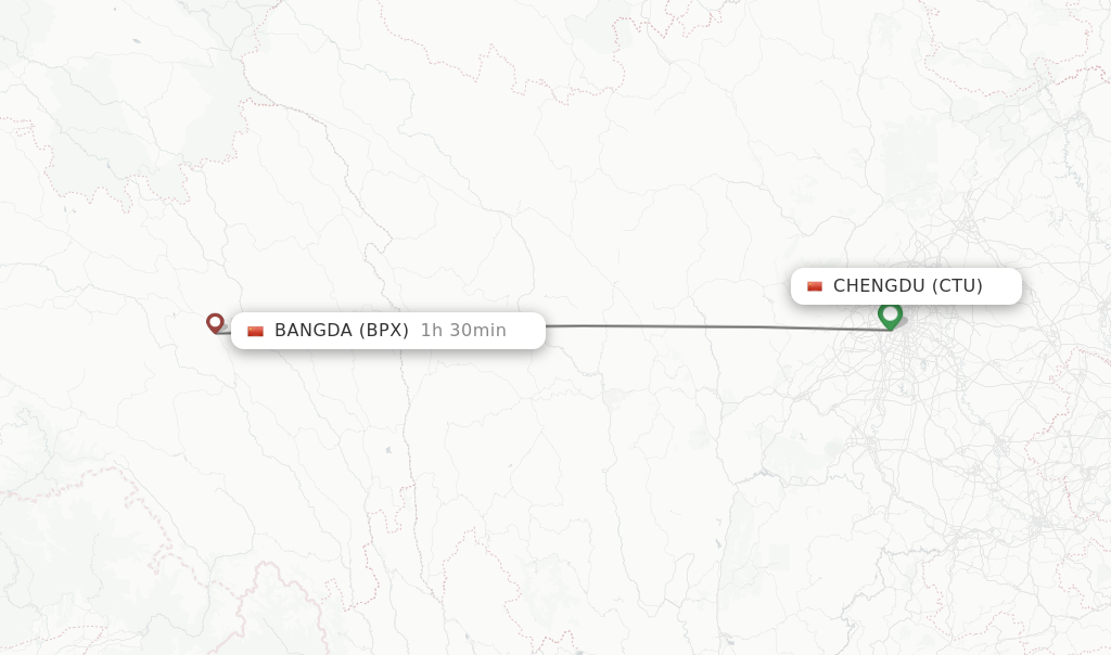 Flights from Chengdu to Bangda route map