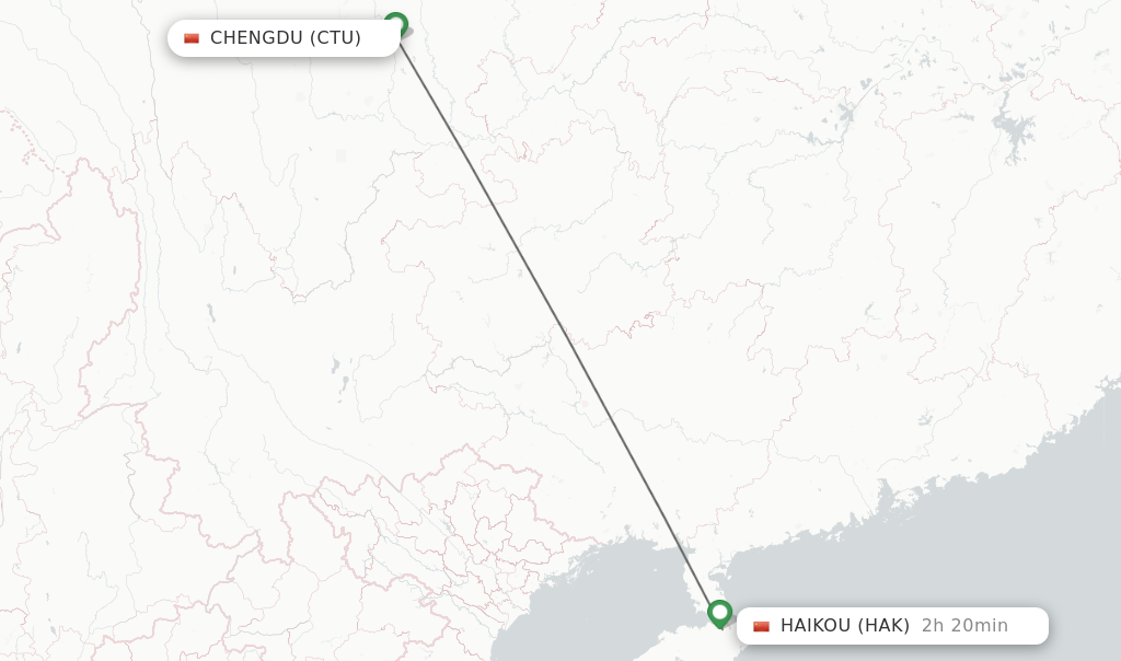 Flights from Chengdu to Haikou route map