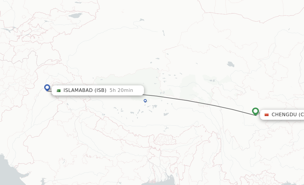 Flights from Chengdu to Islamabad route map