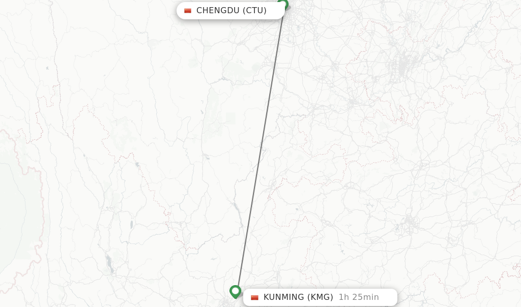 Flights from Chengdu to Kunming route map