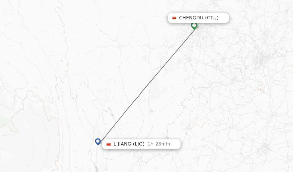 Flights from Chengdu to Lijiang route map