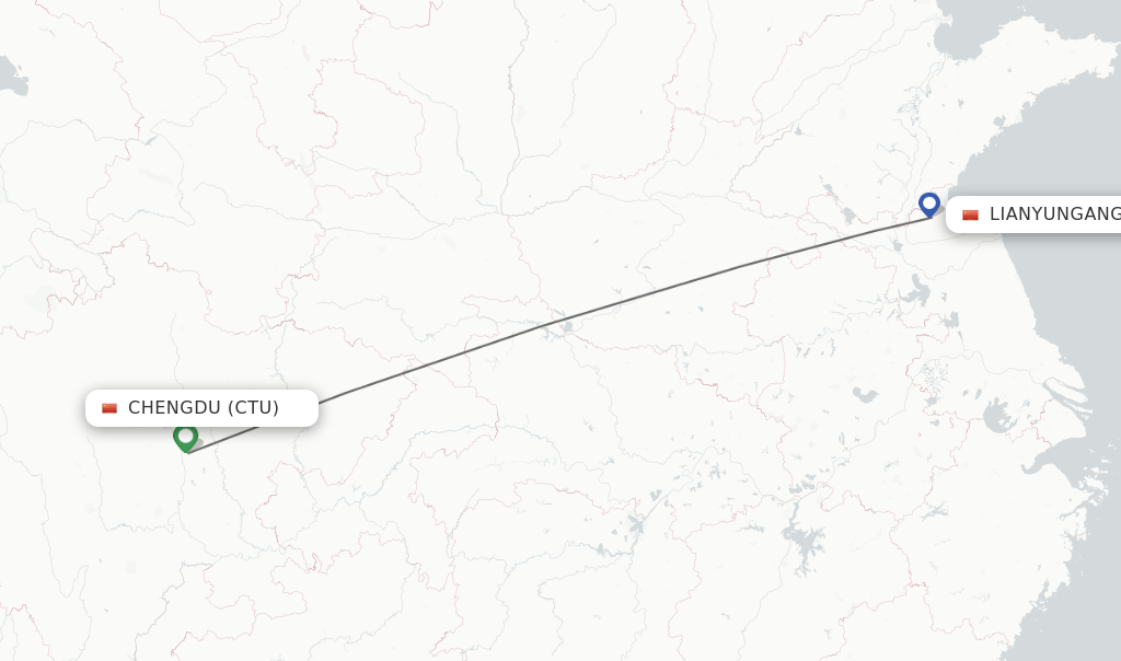 Flights from Chengdu to Lianyungang route map