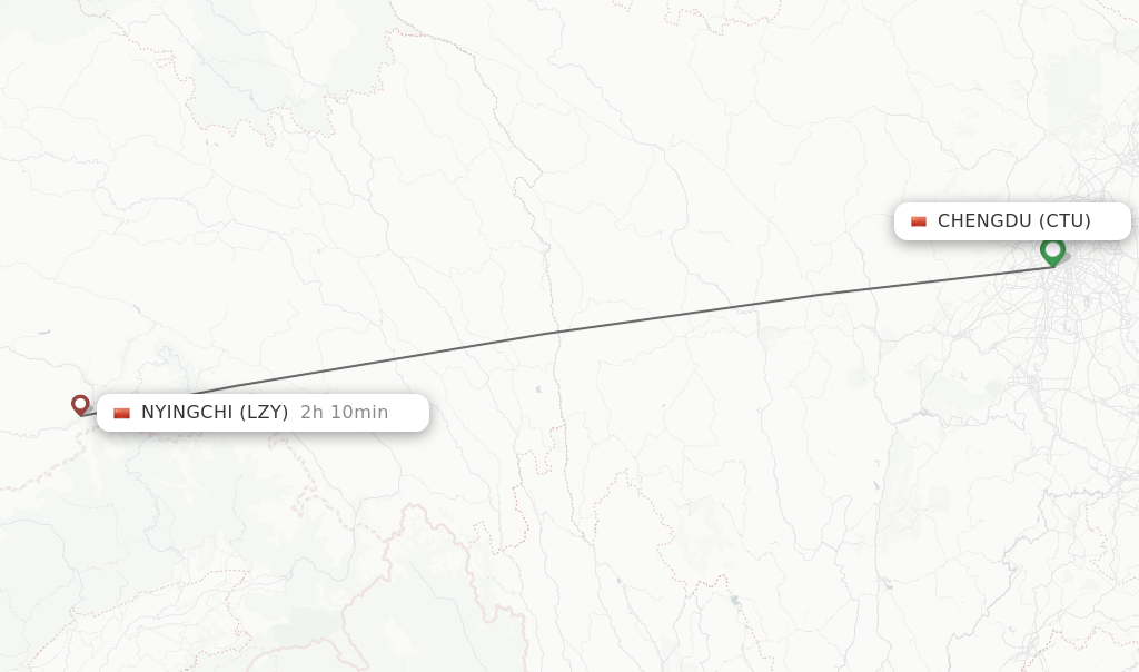 Flights from Chengdu to Nyingchi route map