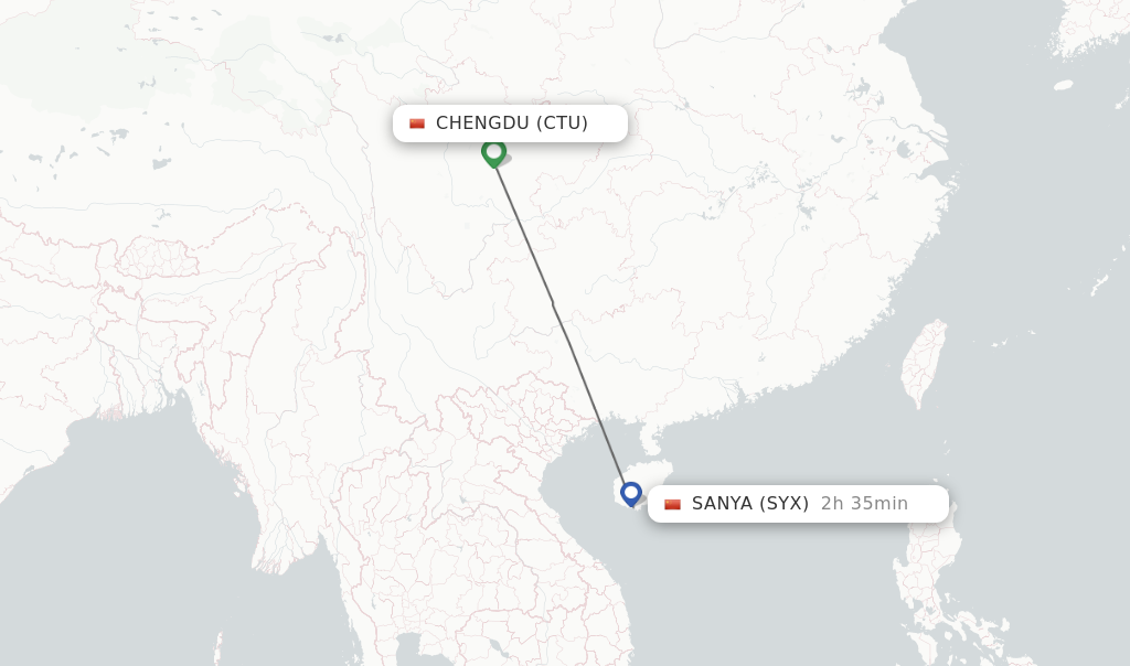 Flights from Chengdu to Sanya route map
