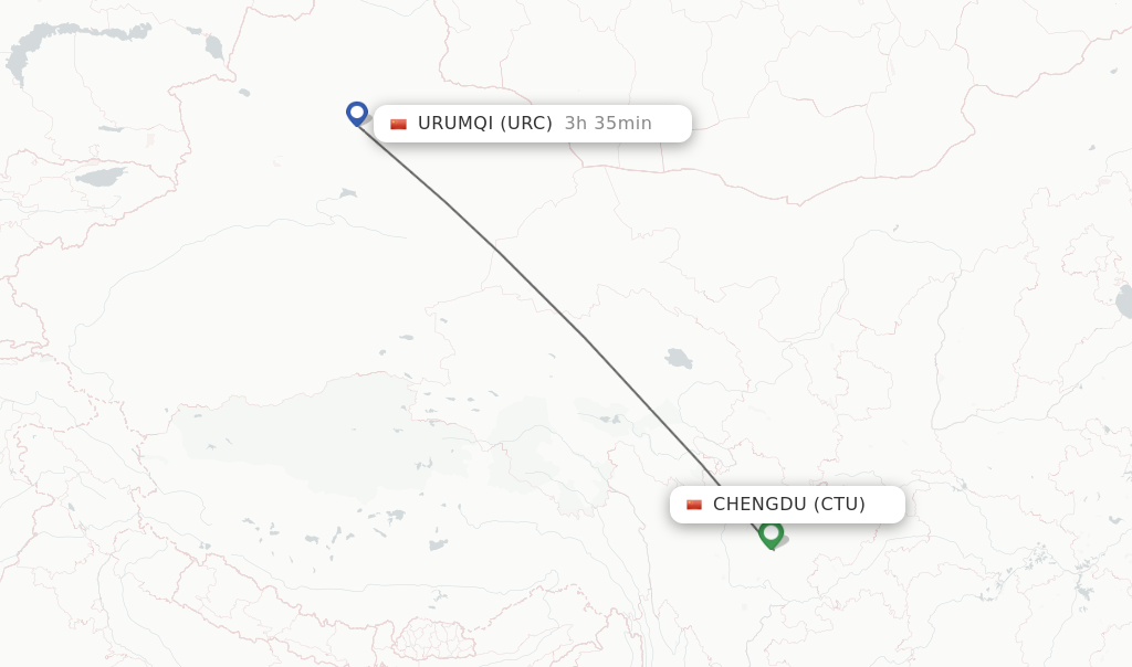 Flights from Chengdu to Urumqi route map