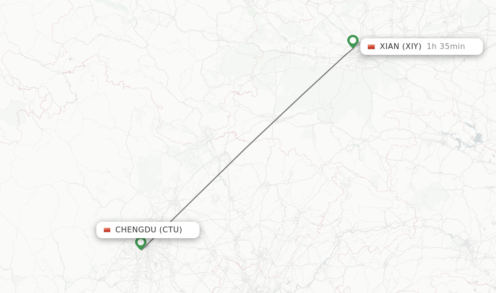 Flights from Chengdu to Xian route map