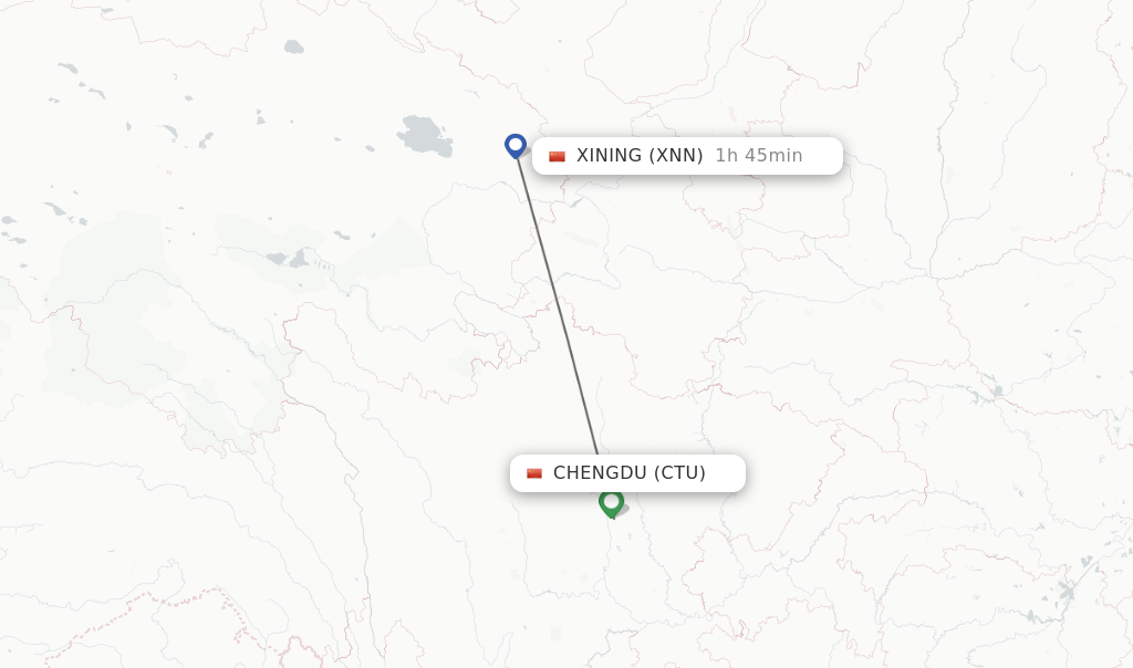 Flights from Chengdu to Xining route map