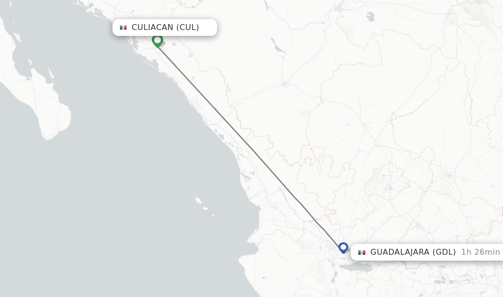 Flights from Culiacan to Guadalajara route map