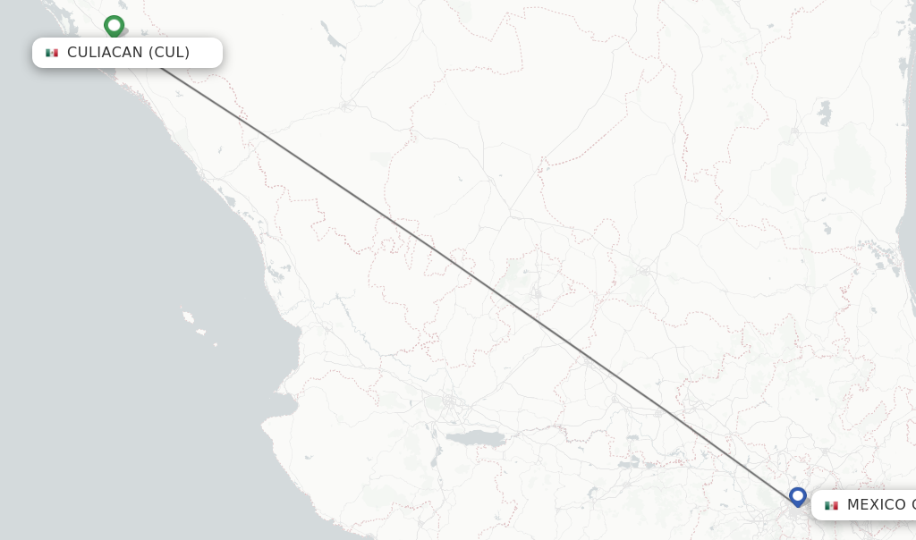 Flights from Culiacan to Mexico City route map