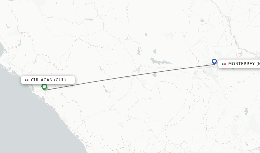 Flights from Culiacan to Monterrey route map