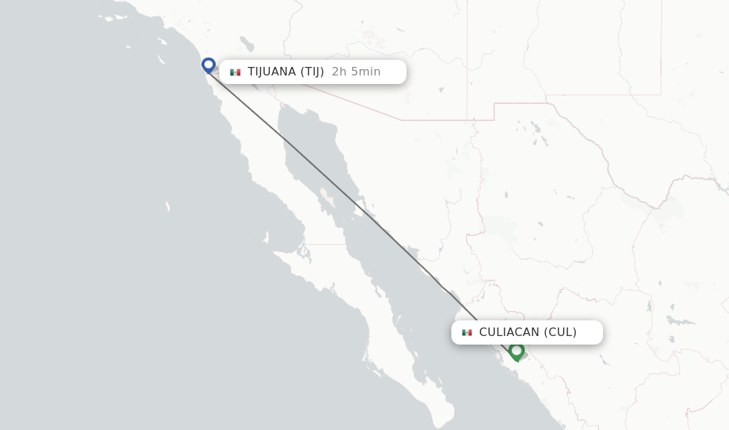 Flights from Culiacan to Tijuana route map