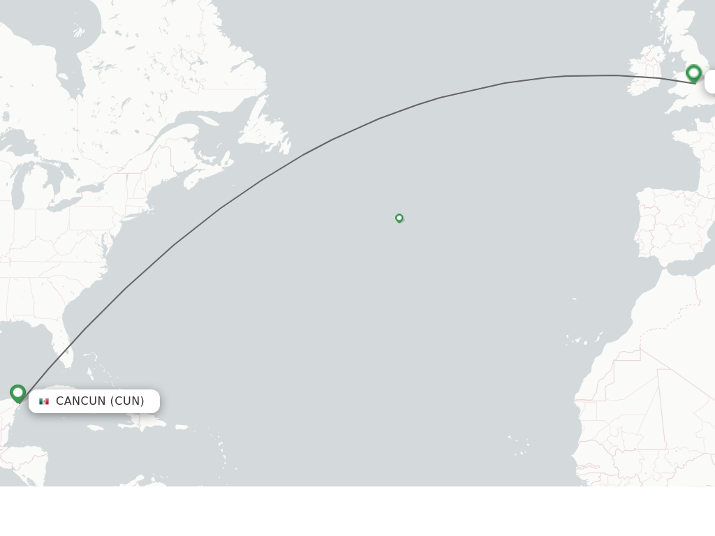 Flights from Cancun to Birmingham route map