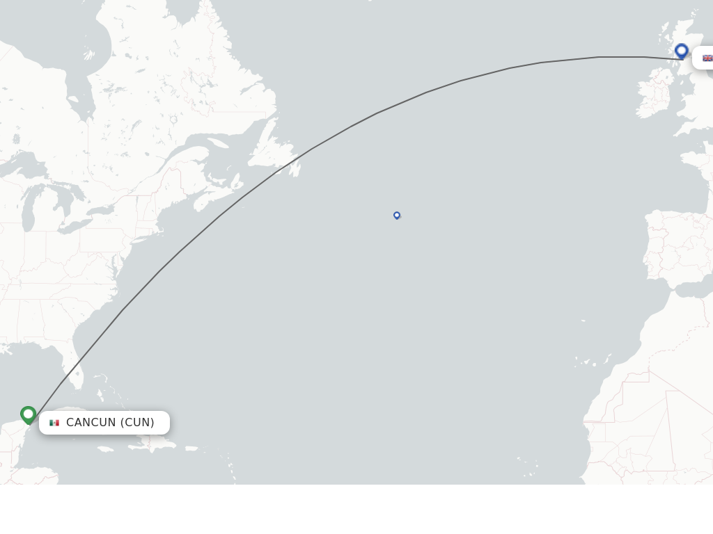 Flights from Cancun to Glasgow route map