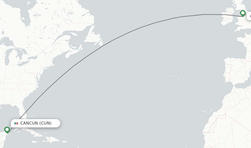 Flights from Cancun to Manchester route map