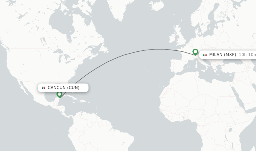 Flights from Cancun to Milan route map