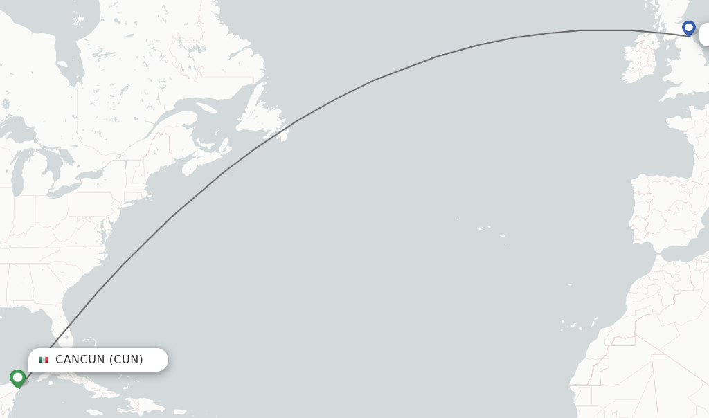 Flights from Cancun to Newcastle route map
