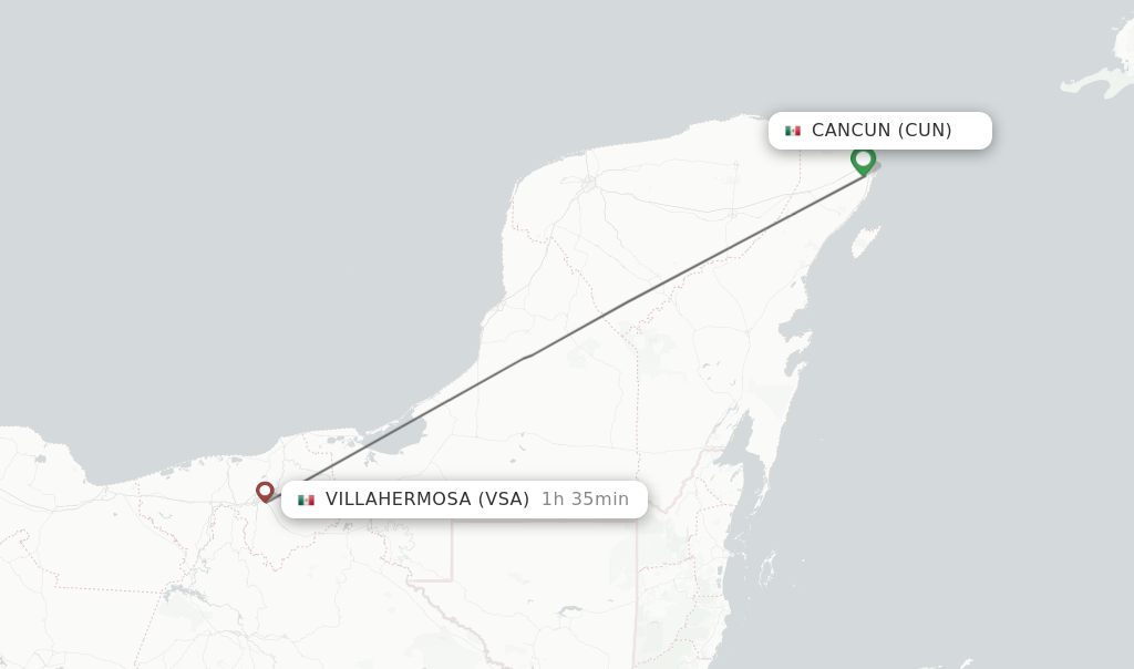 Flights from Cancun to Villahermosa route map