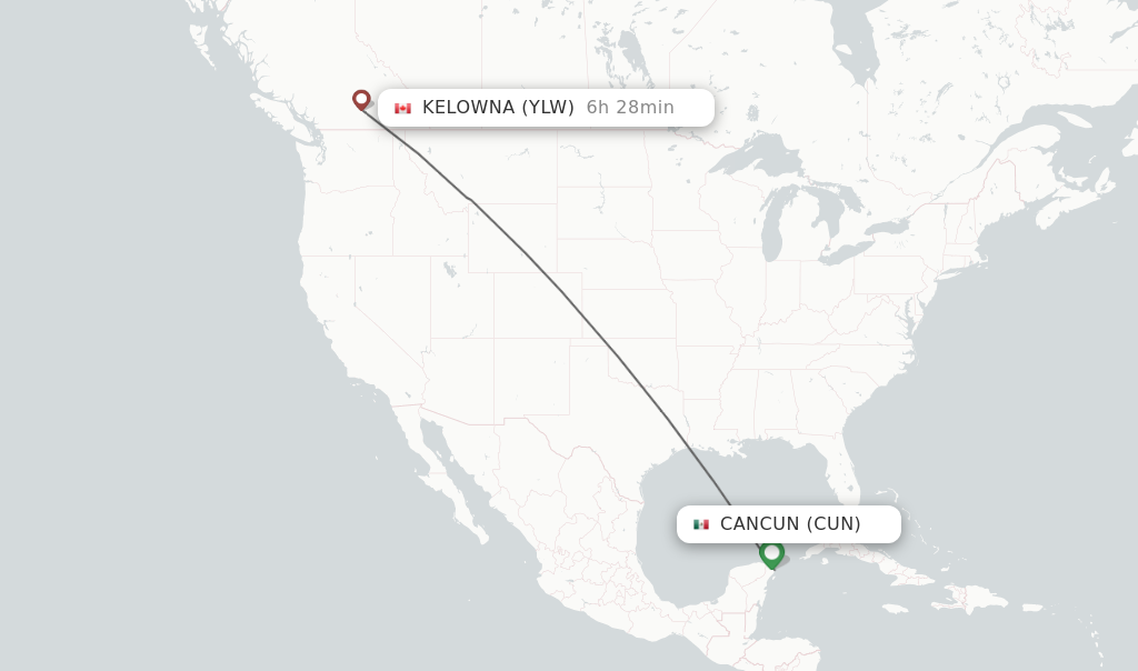 Flights from Cancun to Kelowna route map