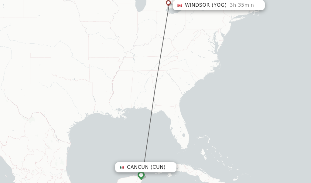 Flights from Cancun to Windsor route map