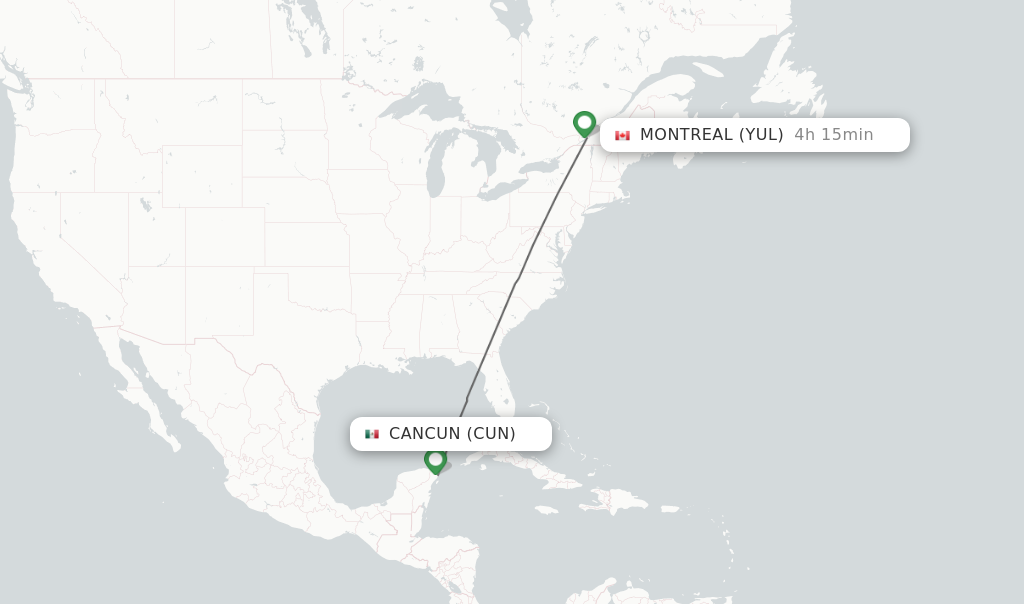 Flights from Cancun to Montreal route map