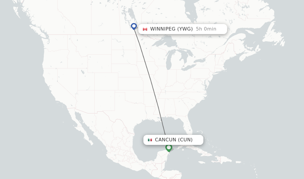 Flights from Cancun to Winnipeg route map