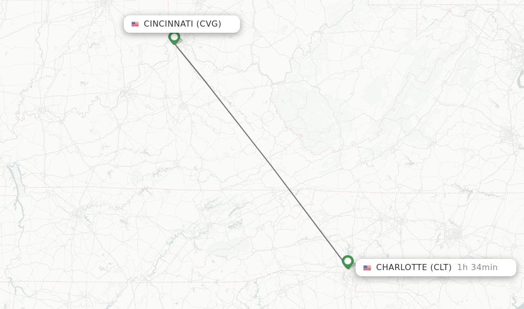Flights from Cincinnati to Charlotte route map