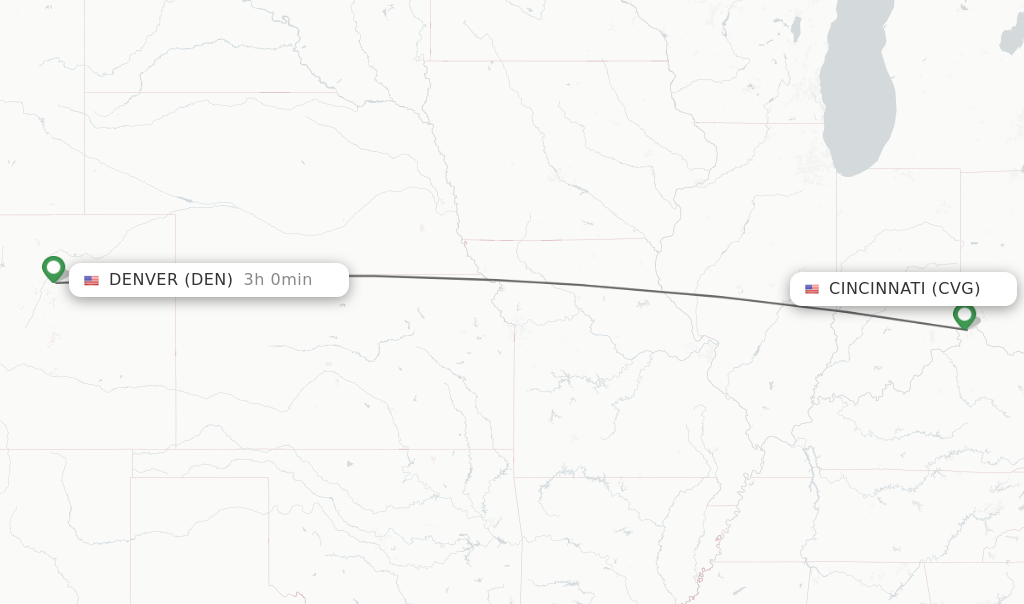 Flights from Cincinnati to Denver route map
