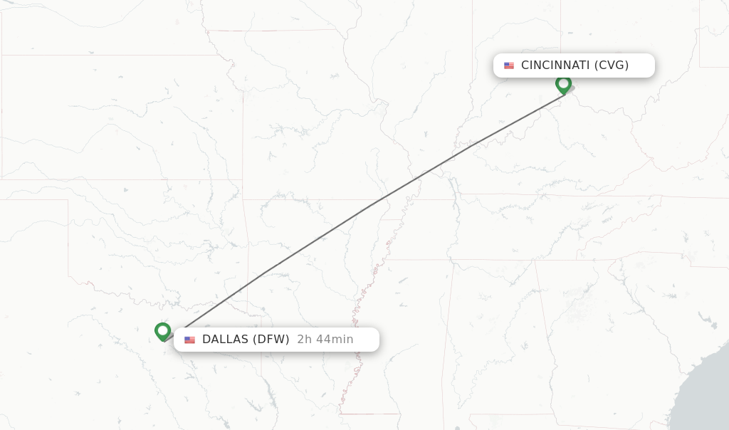 Flights from Cincinnati to Dallas route map