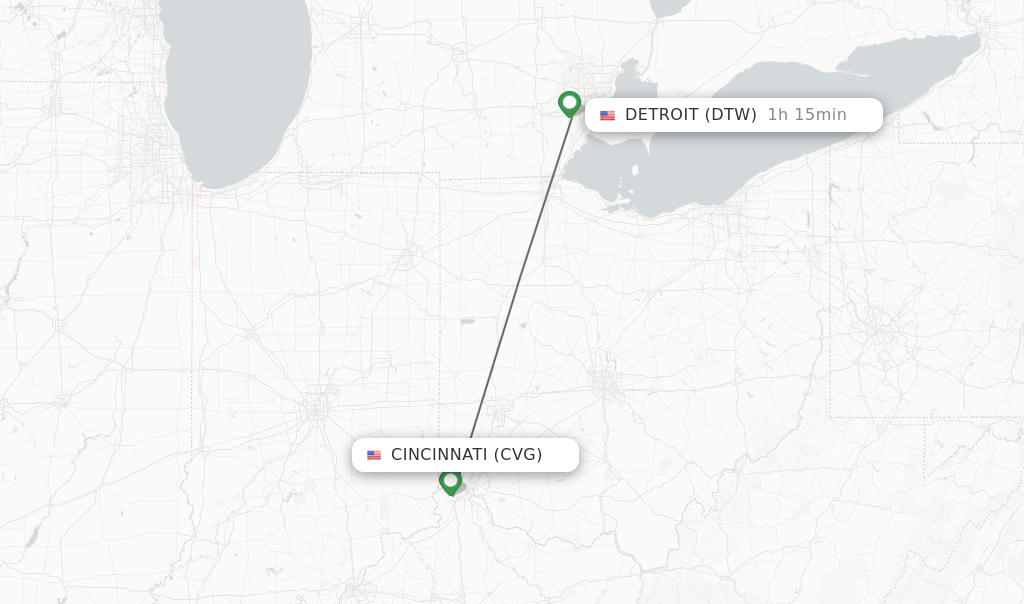 Flights from Cincinnati to Detroit route map