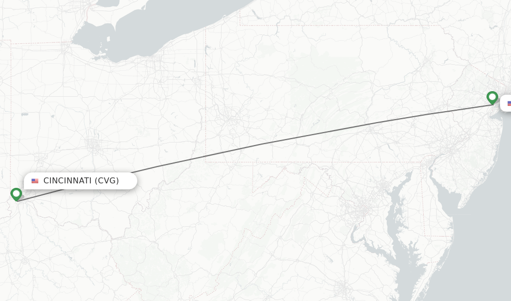 Flights from Cincinnati to New York route map
