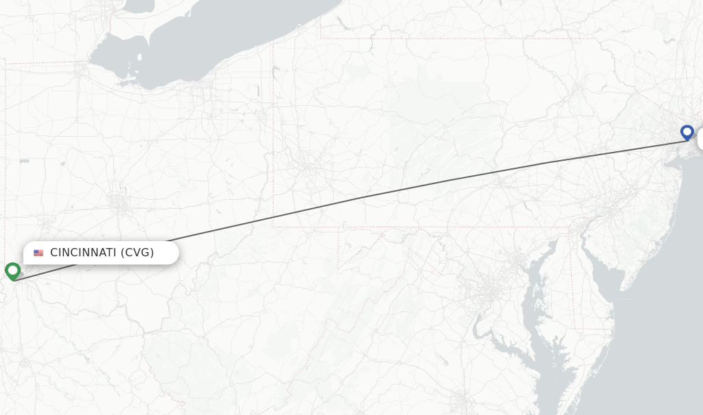 Flights from Cincinnati to New York route map