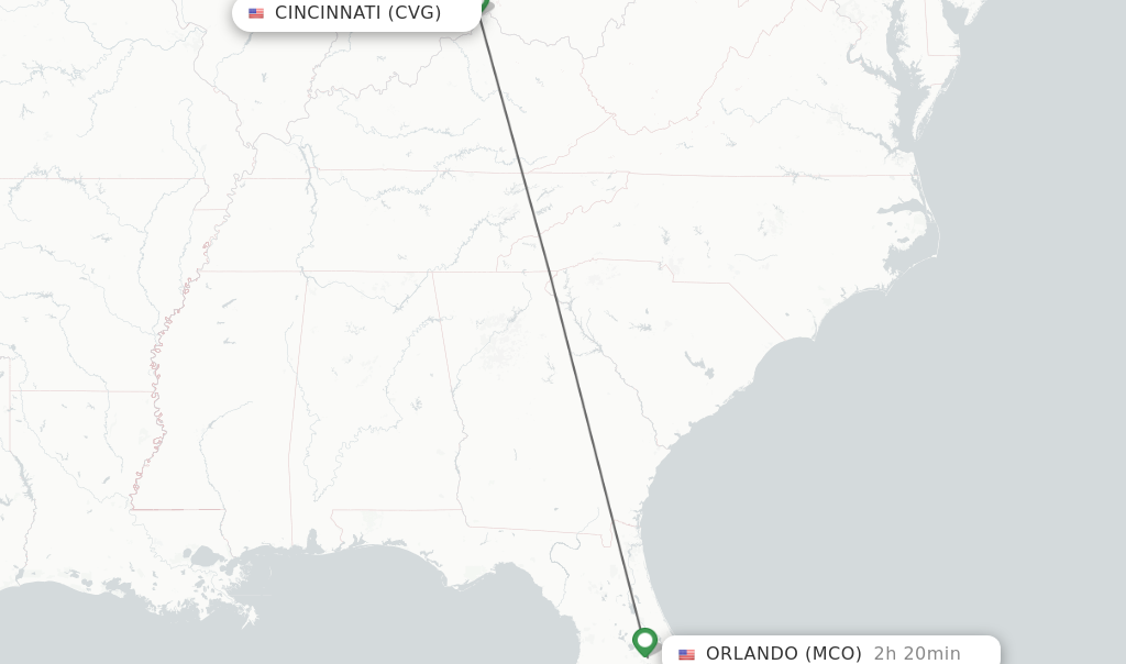 Flights from Cincinnati to Orlando route map